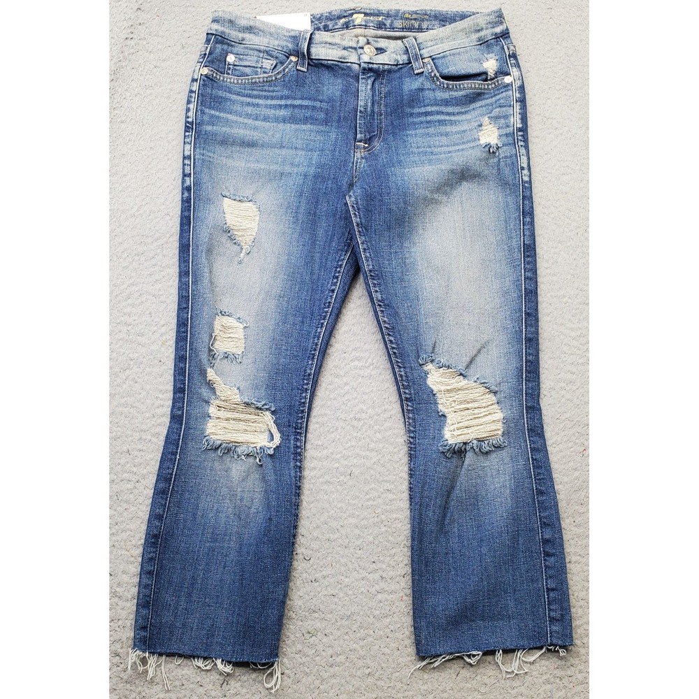 7 For All Mankind Ankle Skinny Jeans Womens 28 Blue Denim Distressed Frayed Hem